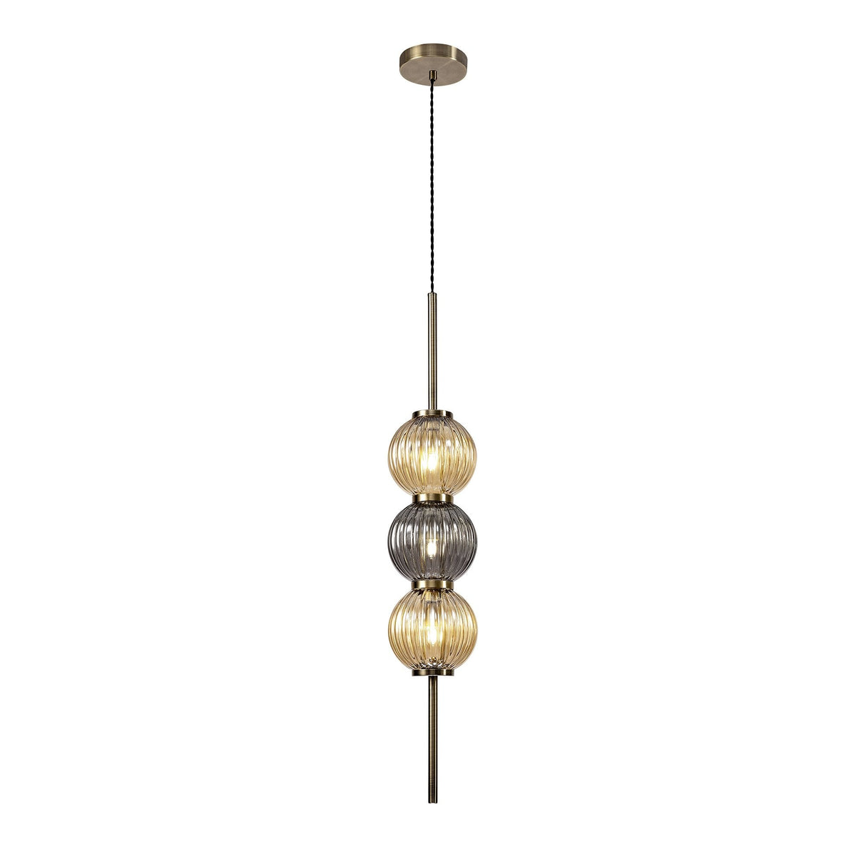 Antique Brass Pendant Light with Smoked and Amber Glass, 3 x G9 Bulb Fittings