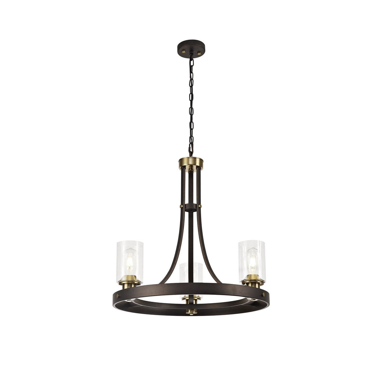 Three-Light Pendant Fixture in Brown and Bronze with Clear Glass Shades