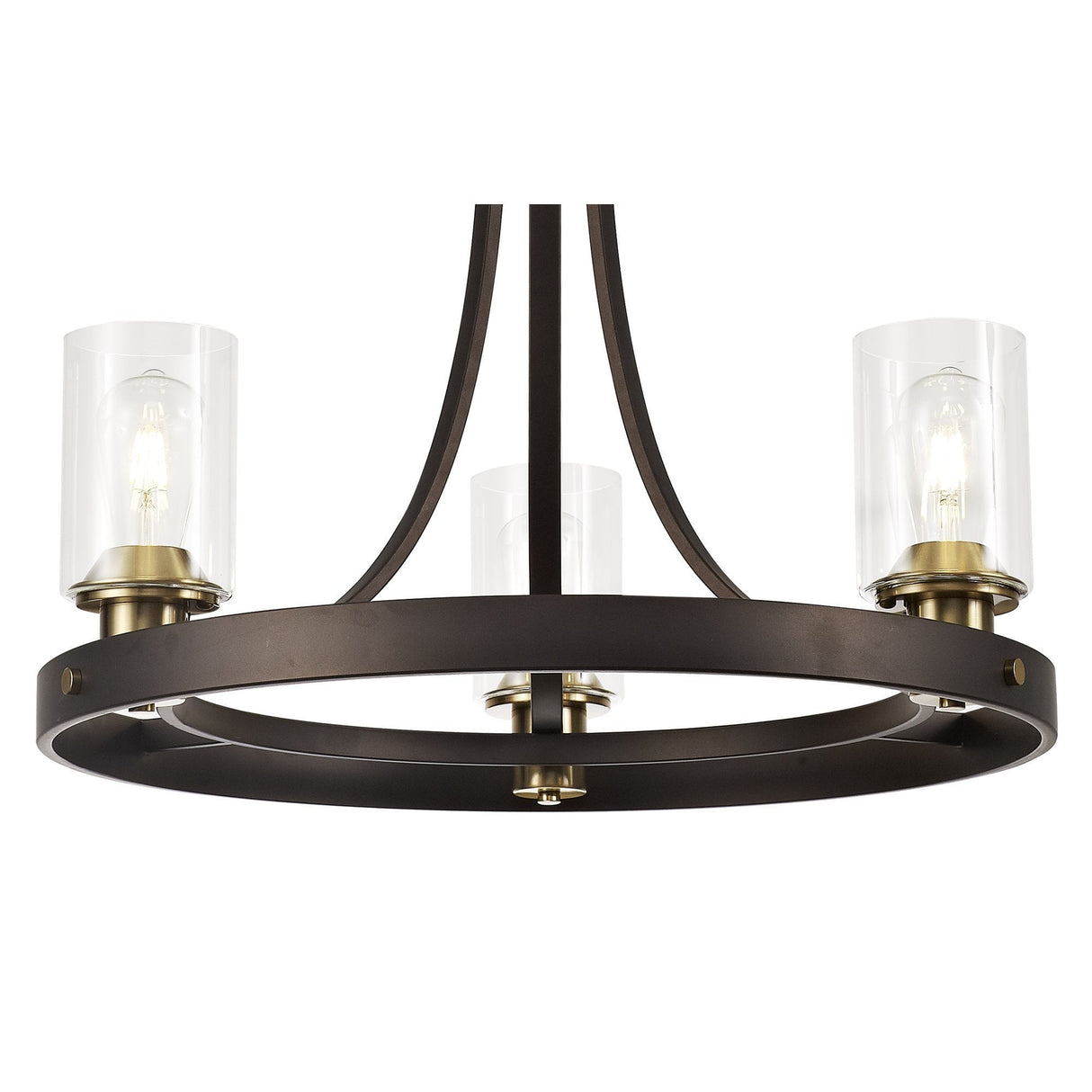 Three-Light Pendant Fixture in Brown and Bronze with Clear Glass Shades