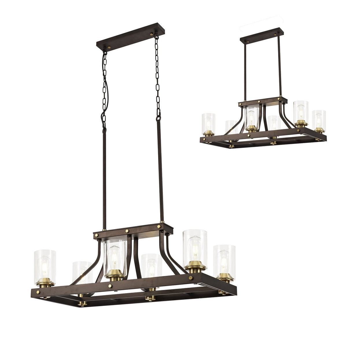 Sleek Linear Pendant with 6 Lights in Brown Oxide and Bronze Finish with Clear Glass Shades
