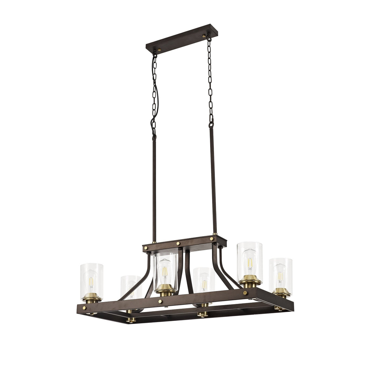Sleek Linear Pendant with 6 Lights in Brown Oxide and Bronze Finish with Clear Glass Shades