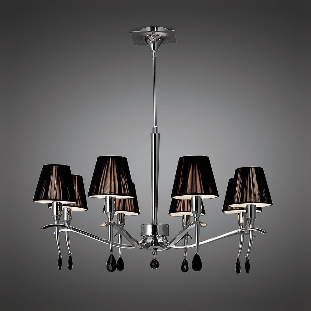 Siena 8-Light Round Pendant in Polished Chrome with Black Shades and Crystals