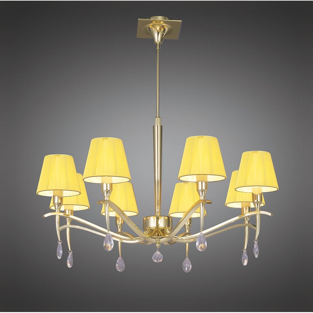Siena Pendant Round 8-Light Chandelier in Polished Brass with Amber Cream Shades and Clear Crystals