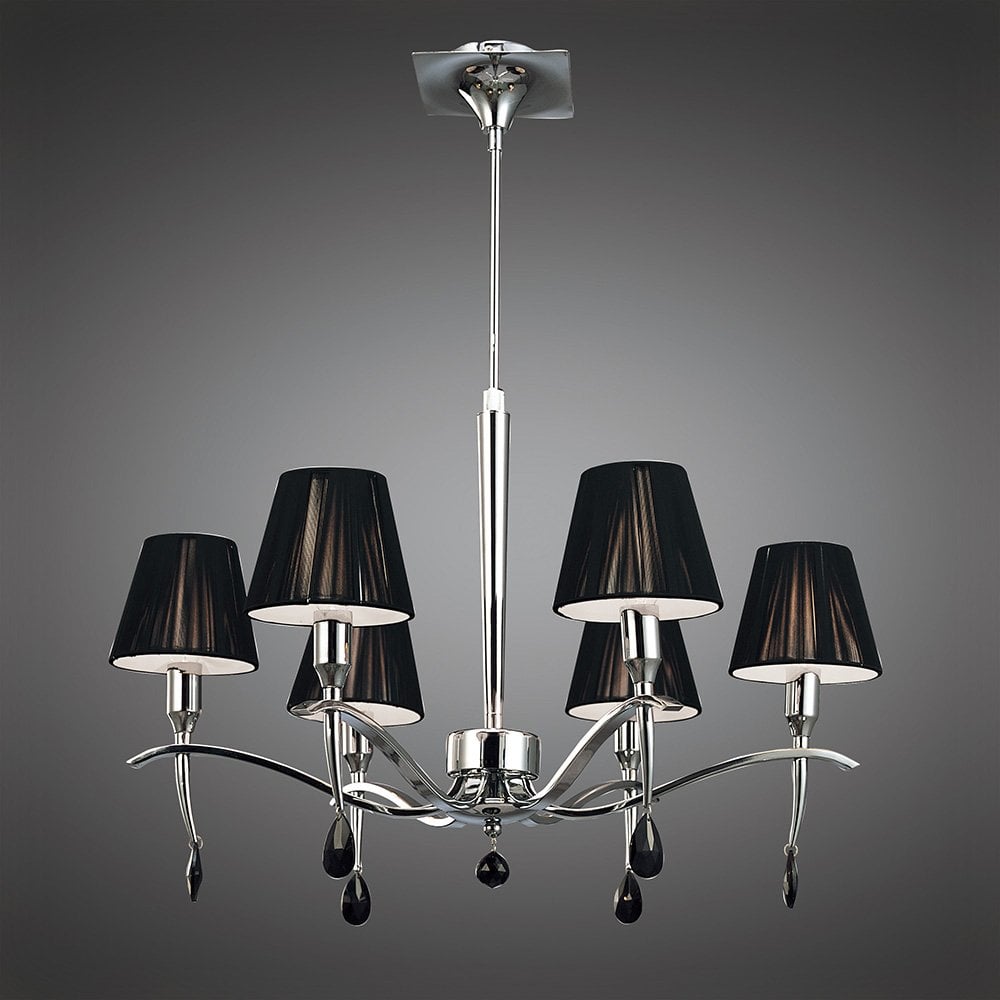 Siena Round 6-Light Pendant in Polished Chrome with Black Silk Shades and Black Crystal Accents