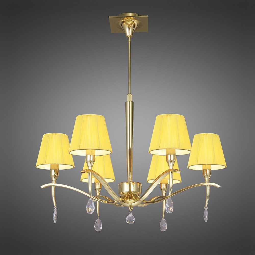 Elegant Siena Pendant: 6-Light Polished Brass with Amber Cream Shades & Crystal Accents