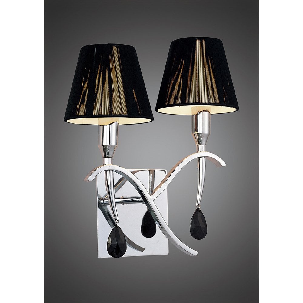 Siena Dual Light Wall Lamp in Polished Chrome with Black Shades and Crystal Accents