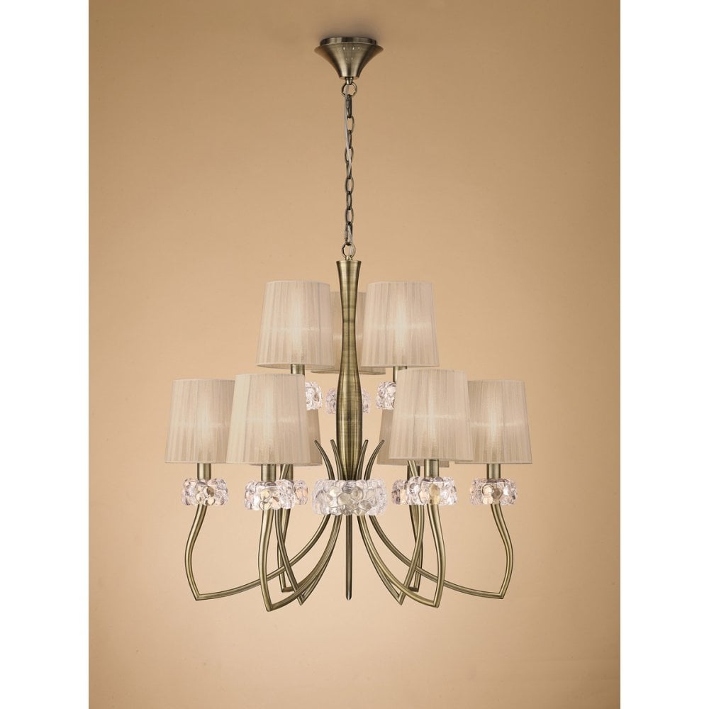 Loewe Antique Brass Two-Tier Pendant with Soft Bronze Shades - 9-Light E14 Design by Jose Ignacio Ballester Martinez
