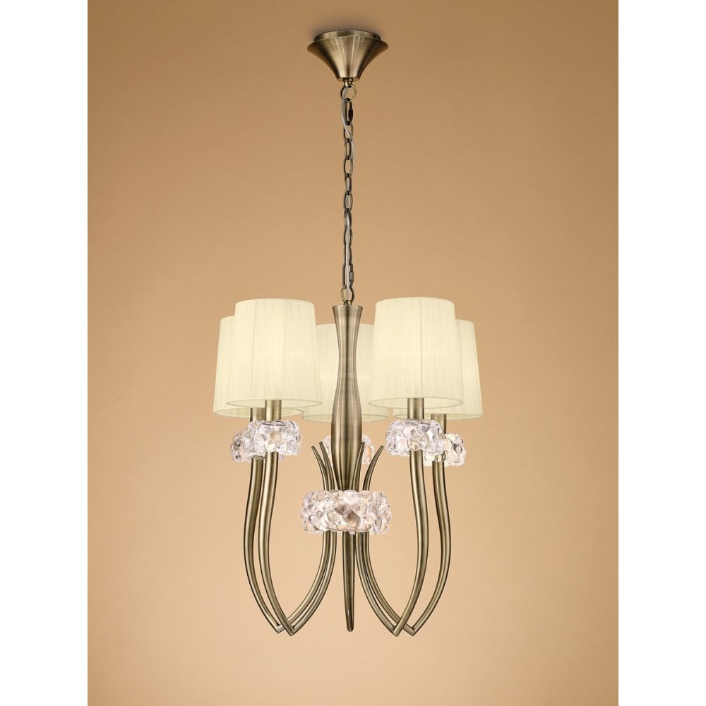 Loewe Antique Brass 5-Light Pendant with Cream Organza Shades