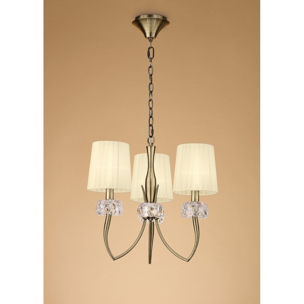 Loewe Antique Brass 3-Light Pendant with Cream Organza Shades