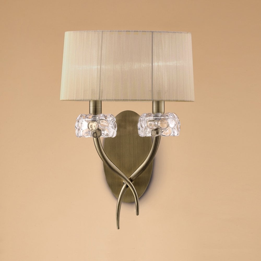 Elegant Loewe Double Arm Wall Lamp in Antique Brass with Soft Bronze Shade