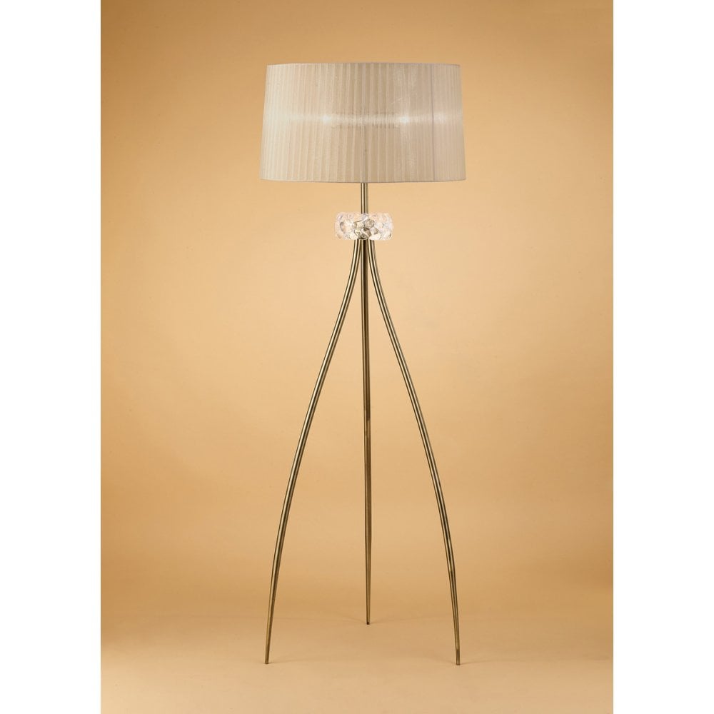Loewe Antique Brass Floor Lamp with Soft Bronze Shade and Elegant Triple Arm Design