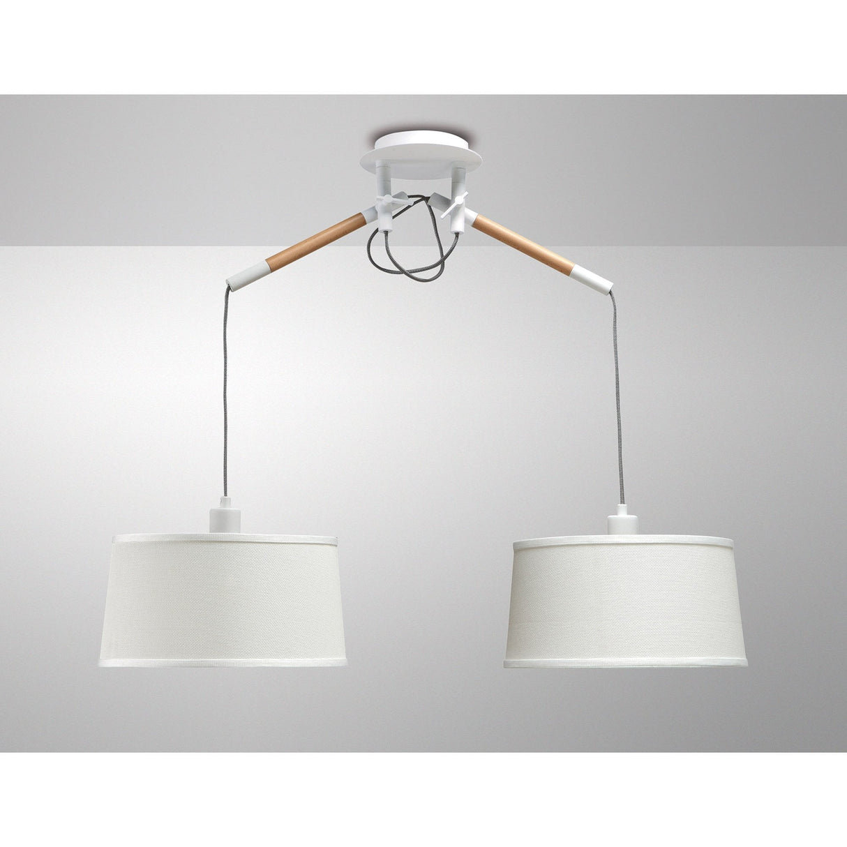 Nordica Scandinavian Pendant Light with Dual Ivory White Shades in Matte White and Beech Finish