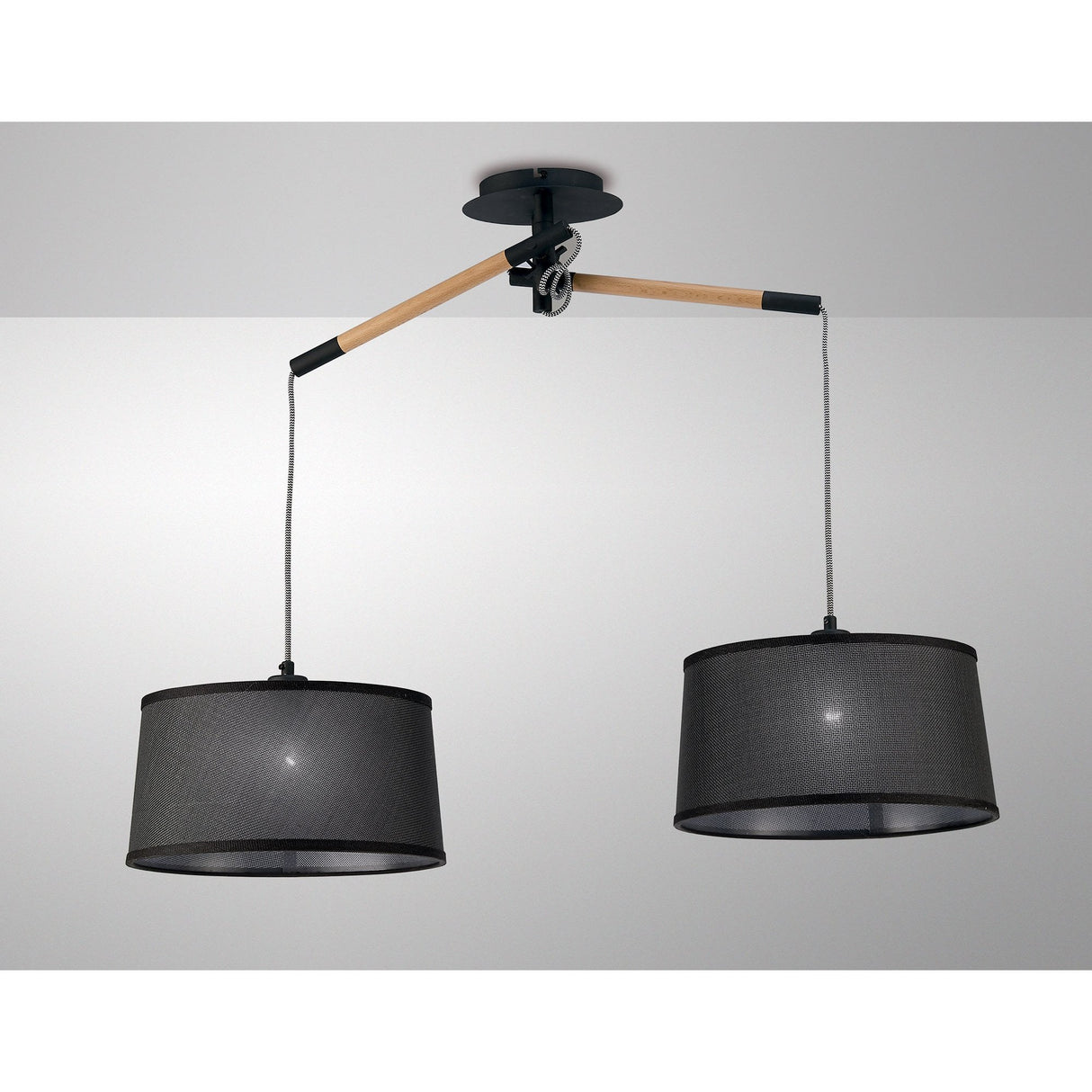Nordica Dual Light Pendant in Matt Black and Beech with Black Shades