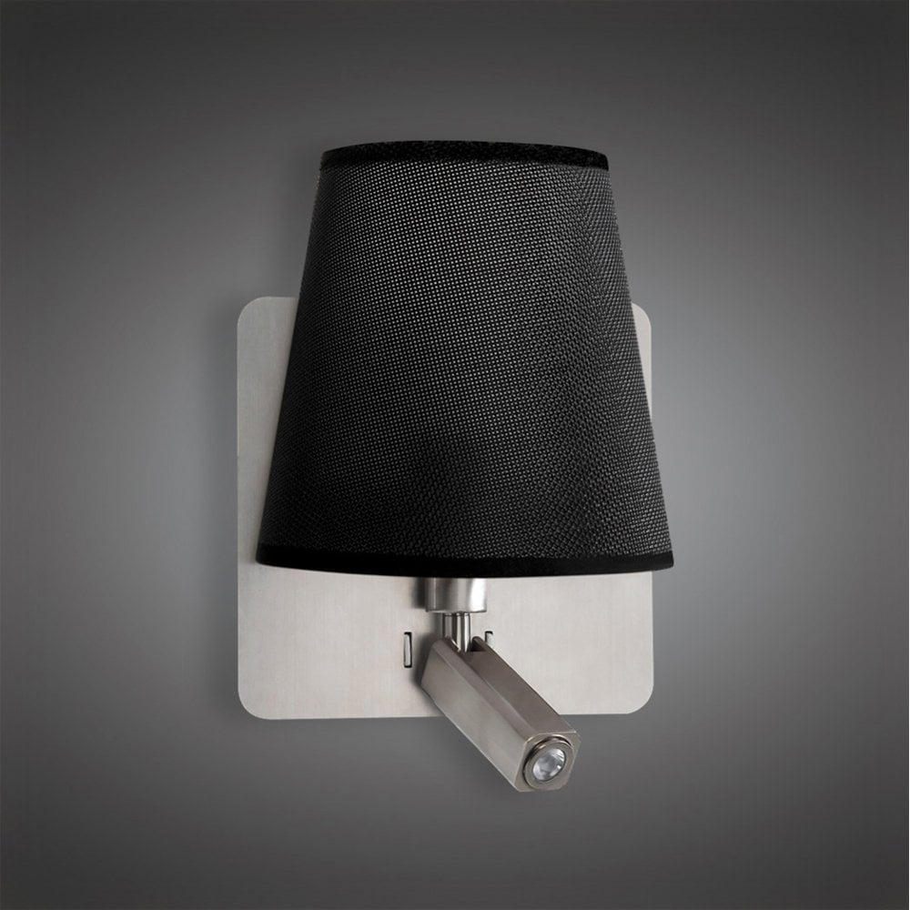 Bahia Modern Wall Lamp with Dual Light Functionality, Satin Nickel & Black Shade - 3W LED Reading Light, E27 Bulb, 4000K