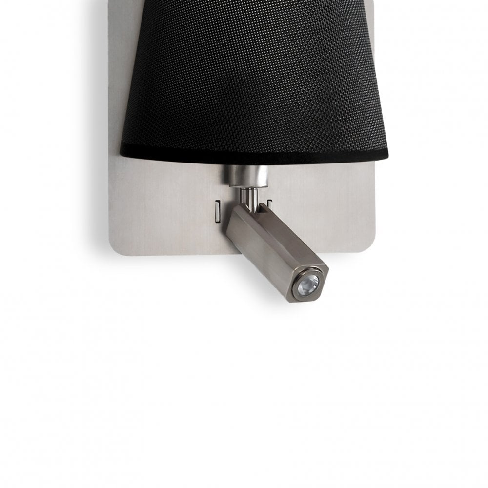 Bahia Modern Wall Lamp with Dual Light Functionality, Satin Nickel & Black Shade - 3W LED Reading Light, E27 Bulb, 4000K