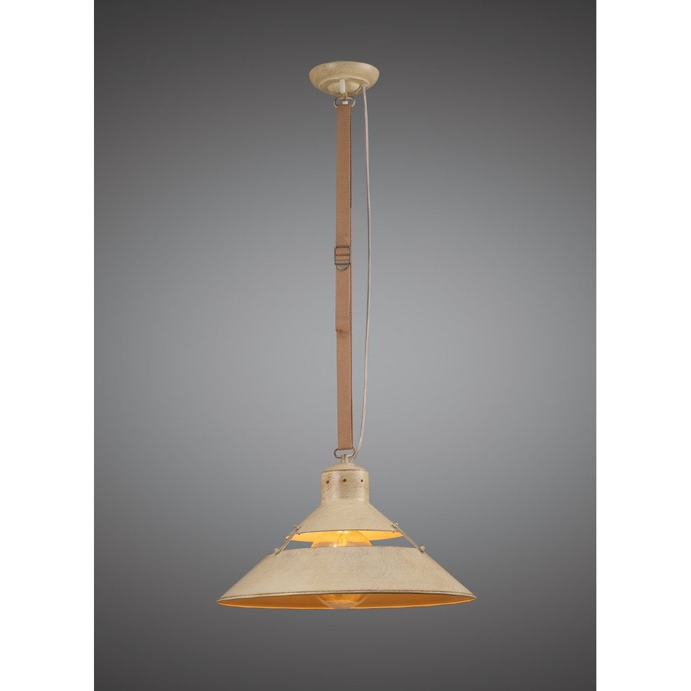 Retro Industrial Ceiling Pendant Light with Sand Metal Finish and Beige Fabric Strap, Adjustable Drop