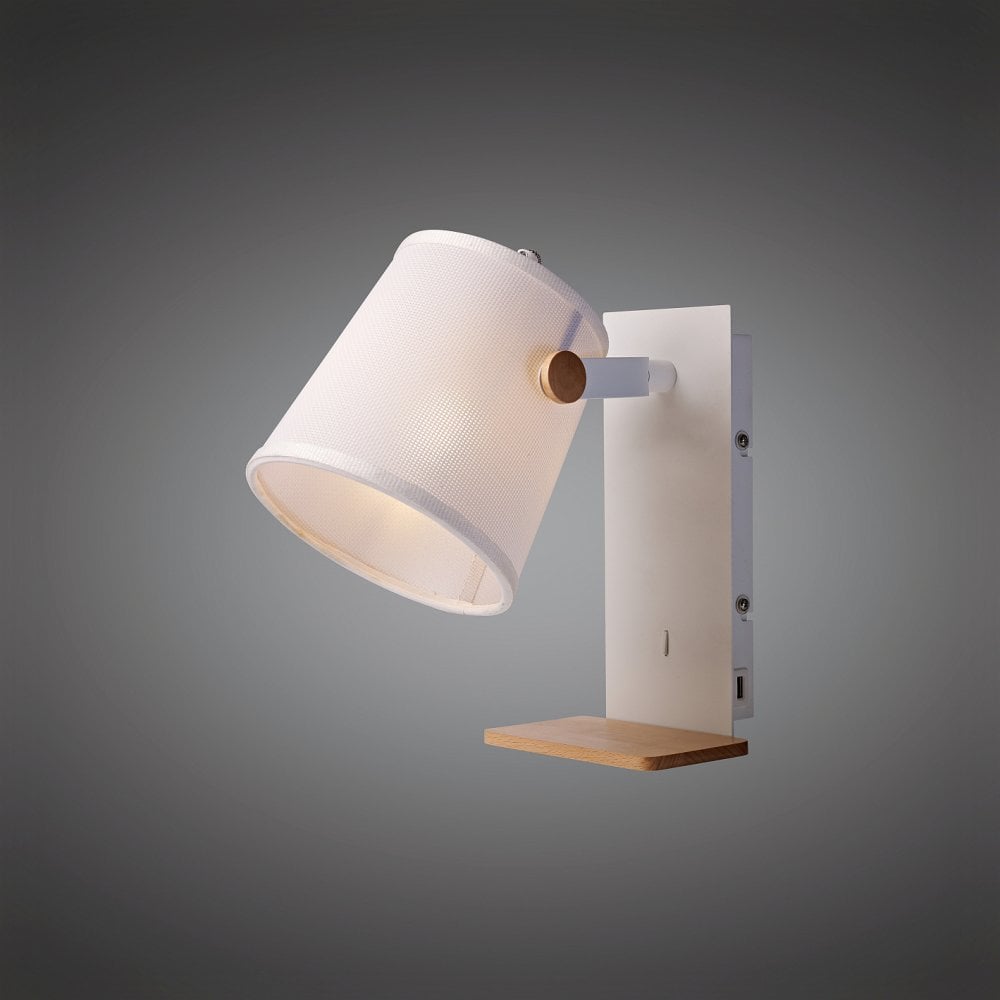 Nordica II Adjustable Wall Light with USB Charger, White Metal and Beech with Ivory Shade