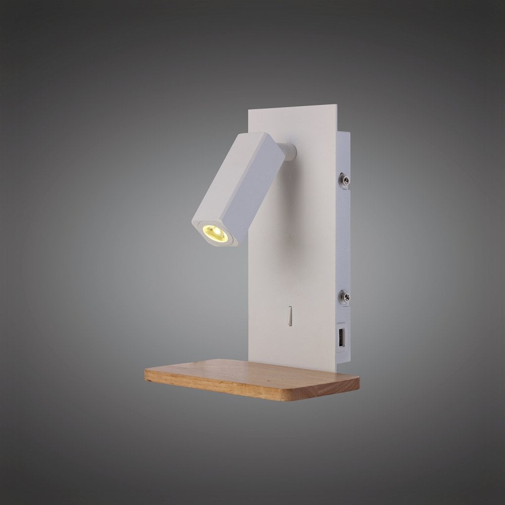 Nordica II Adjustable Wall Light with USB Port, 180 Lumens, 3W 3000K LED in White Metal and Beech Finish, 3-Year Warranty