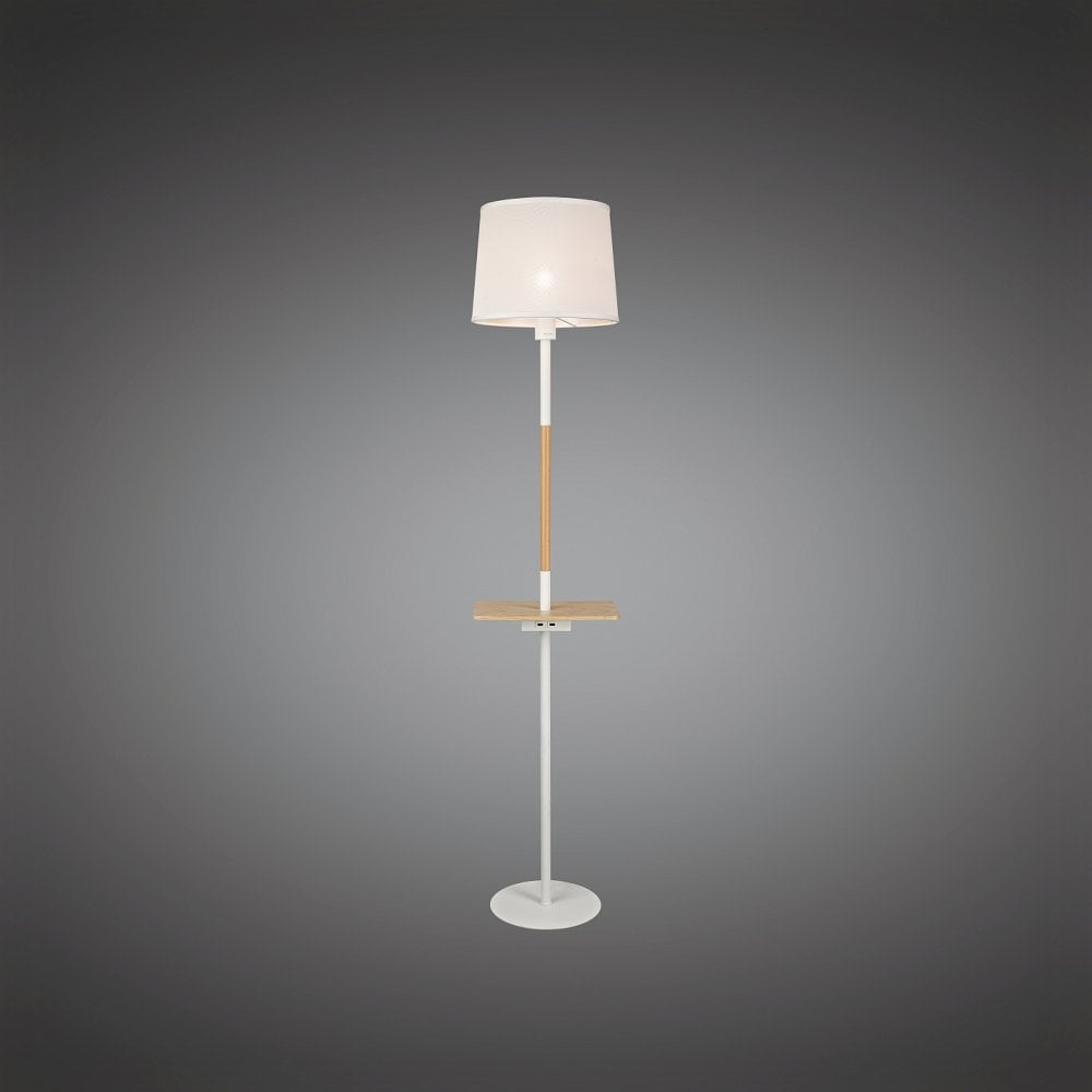 Nordica II Floor Lamp with USB Port, White/Beech Finish, Ivory White Shade