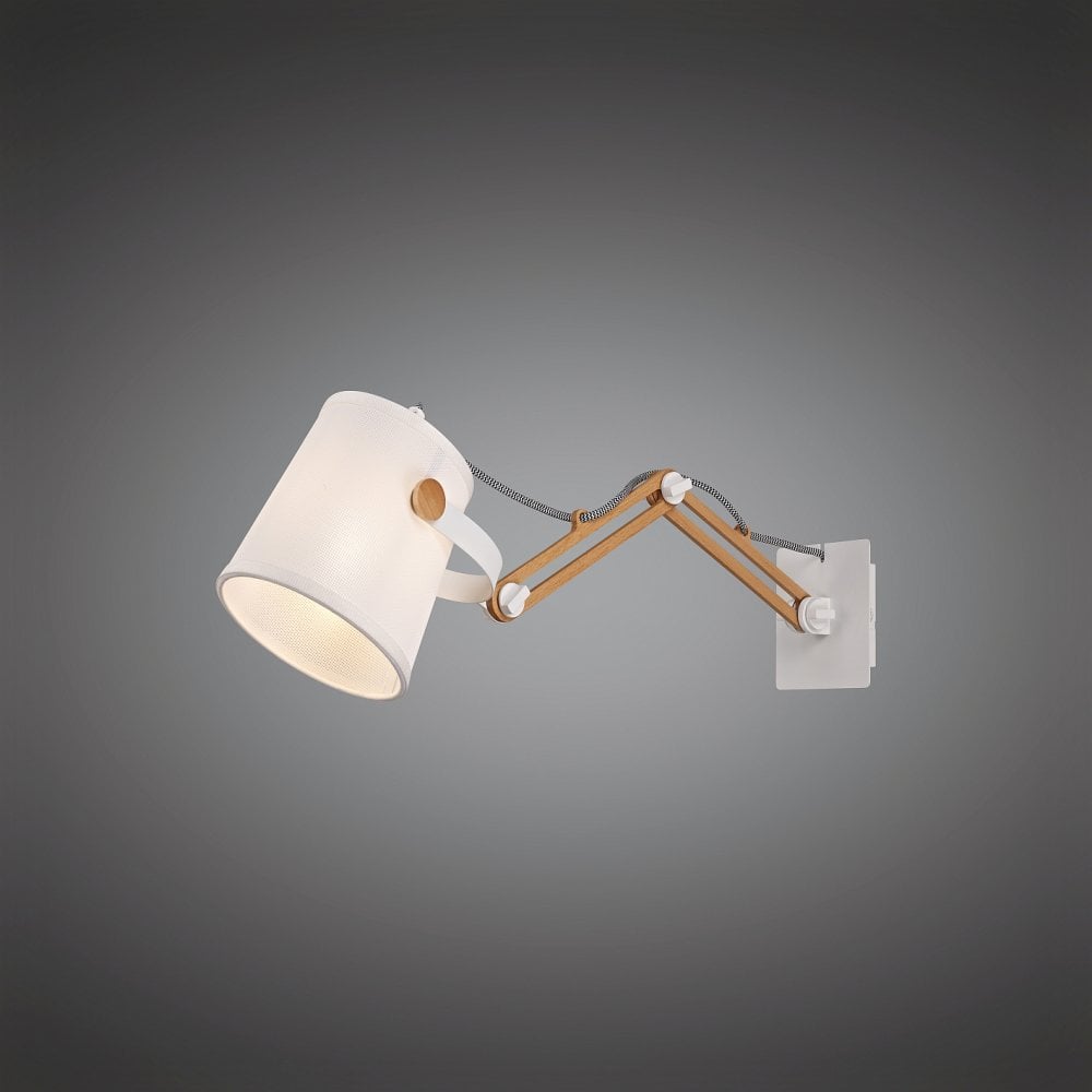 Nordica II Adjustable Wall Lamp in White Metal and Beech Wood with Ivory Shade
