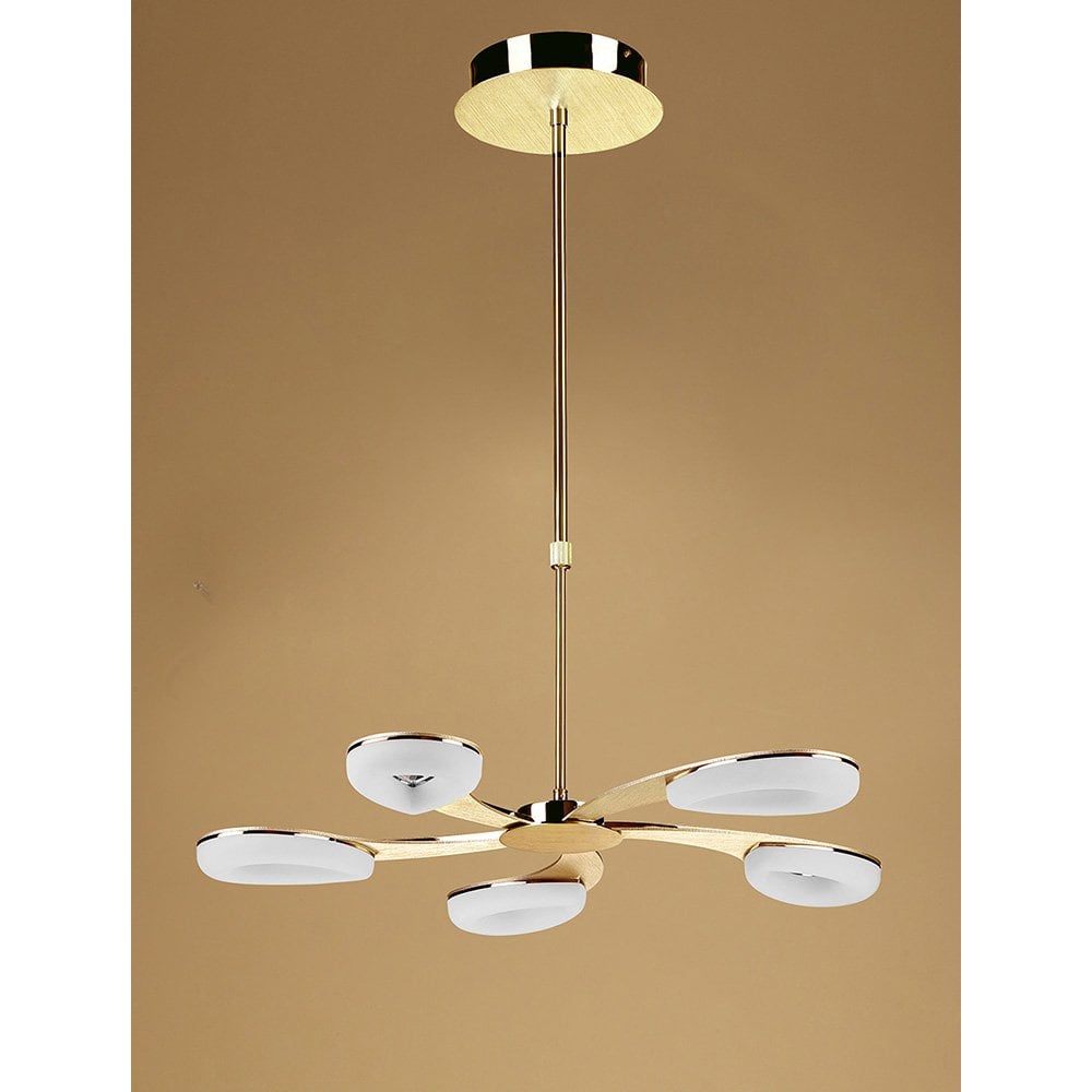 Juno Telescopic LED Pendant, 5 Light, 30W, Satin Gold & Frosted Acrylic, 3000K Warm Glow, 3-Year Warranty