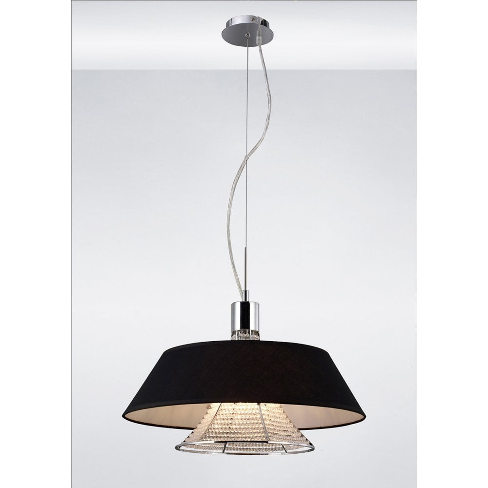Davina Chrome & Crystal Pendant Light with Black Shade - 3 Light Fixture