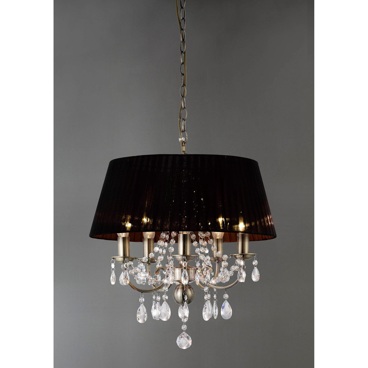 Olivia 5-Light Antique Brass Pendant with Black Shade and Crystal Accents