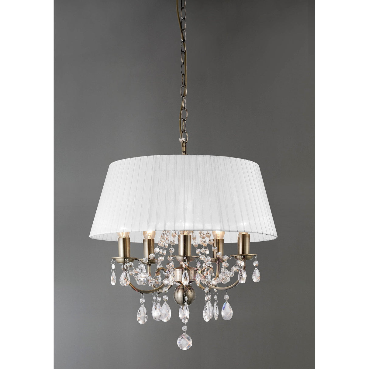 Opulent Olivia Antique Brass Crystal Pendant with White Shade - 5 Light