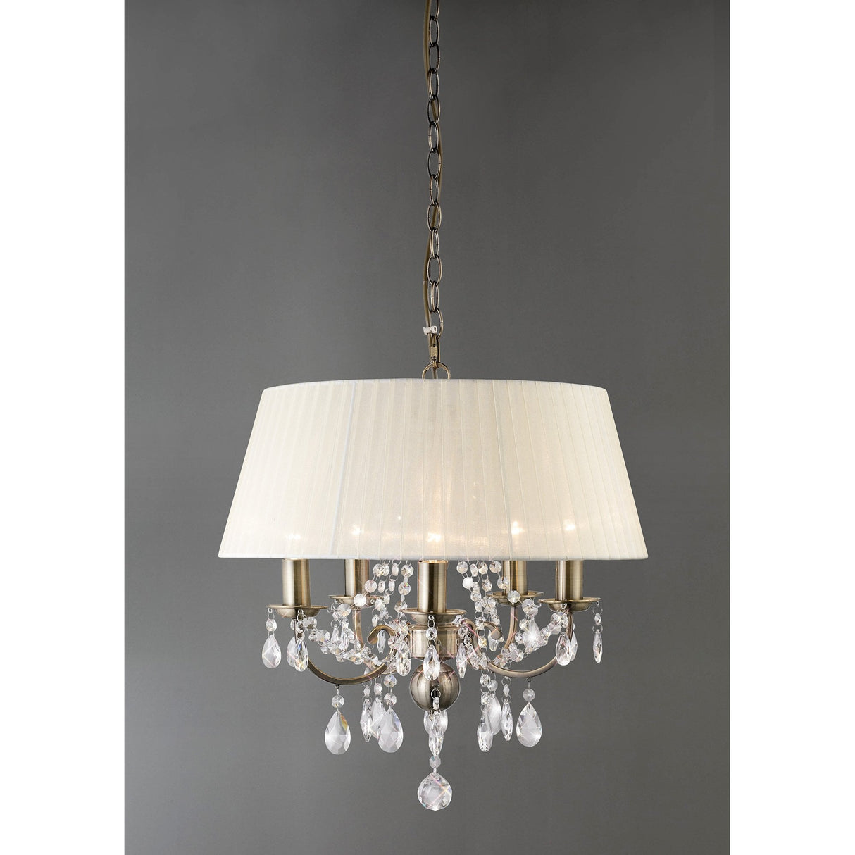 Olivia 5-Light Antique Brass Pendant with Ivory Cream Shade and Crystal Accents