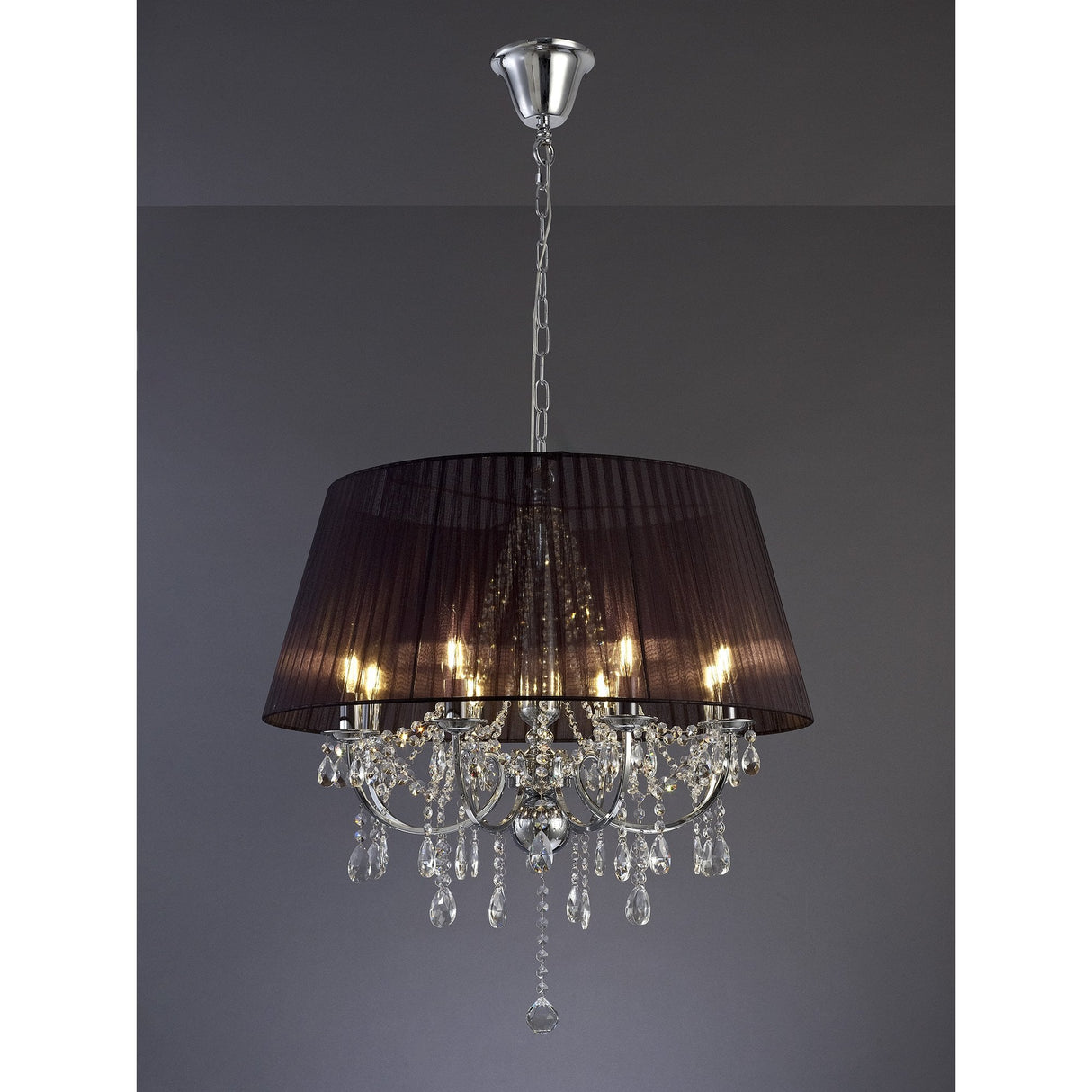 Exquisite Olivia Pendant Light with Black Gauze Shade - 8 Light Polished Chrome and Crystal Design