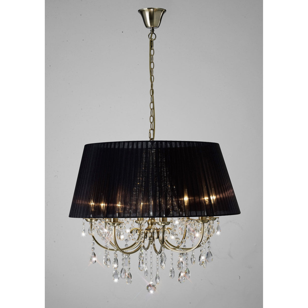 Olivia Pendant Light with Black Gauze Shade and Antique Brass Finish, 8 Light Crystal Chandelier