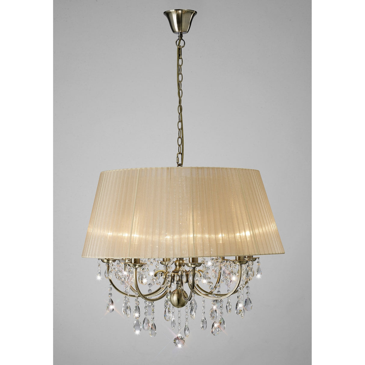 Olivia Pendant Light with Soft Bronze Shade and Antique Brass Finish - 8 Light Crystal Chandelier