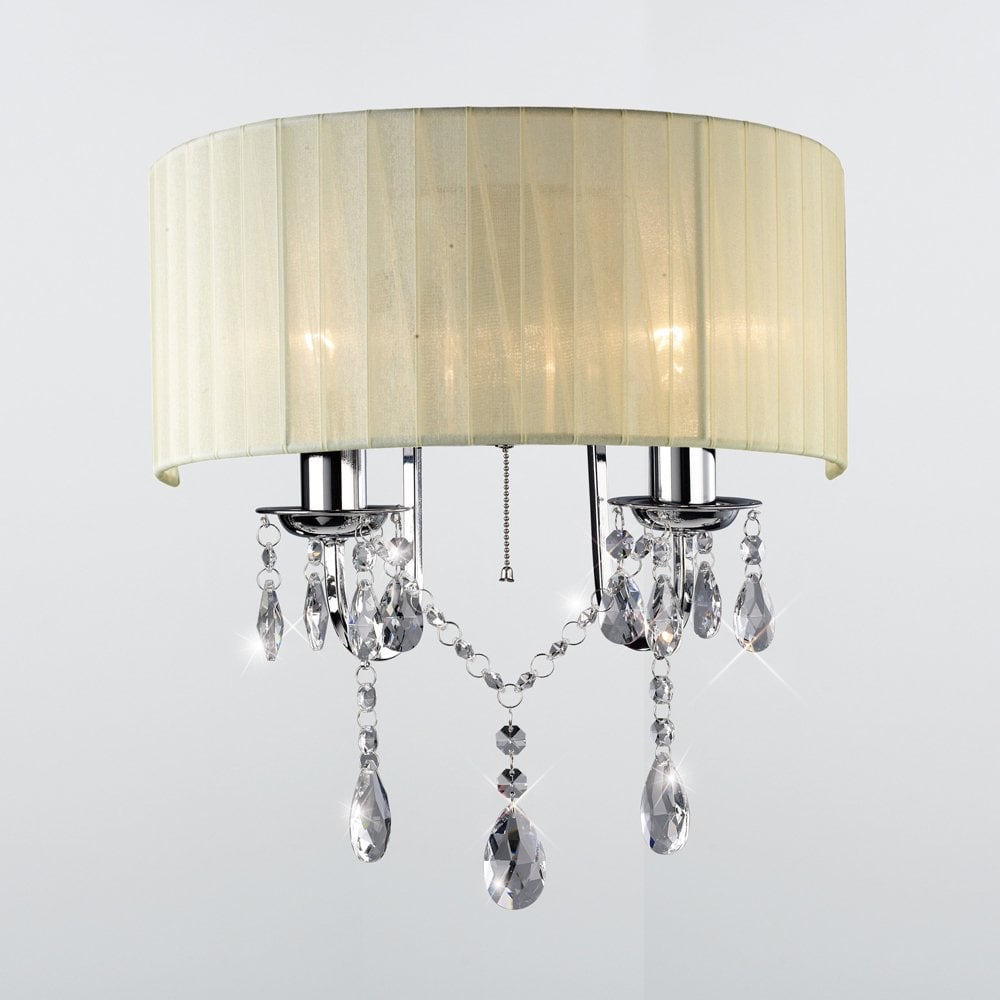 Olivia Polished Chrome Wall Lamp with Ivory Cream Shade and Crystal Accents, Dual Light with Pull Switch