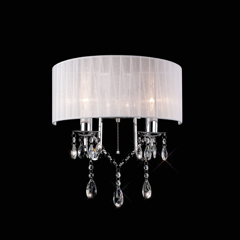 Olivia Two-Light Wall Lamp with Crystal Accents and White Fabric Shade in Polished Chrome Finish