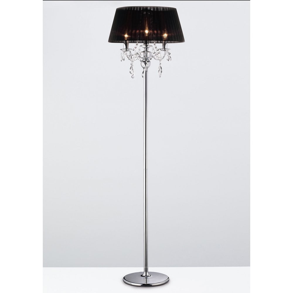 Olivia Triple Light Floor Lamp in Polished Chrome with Black Shade and Crystal Accents