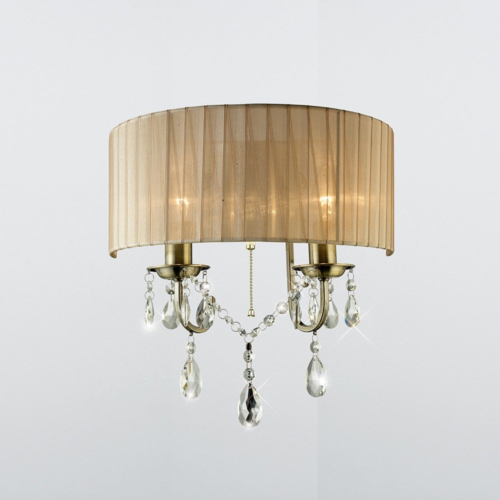 Olivia Dual Light Wall Lamp with Soft Bronze Shade and Antique Brass/Crystal Finish