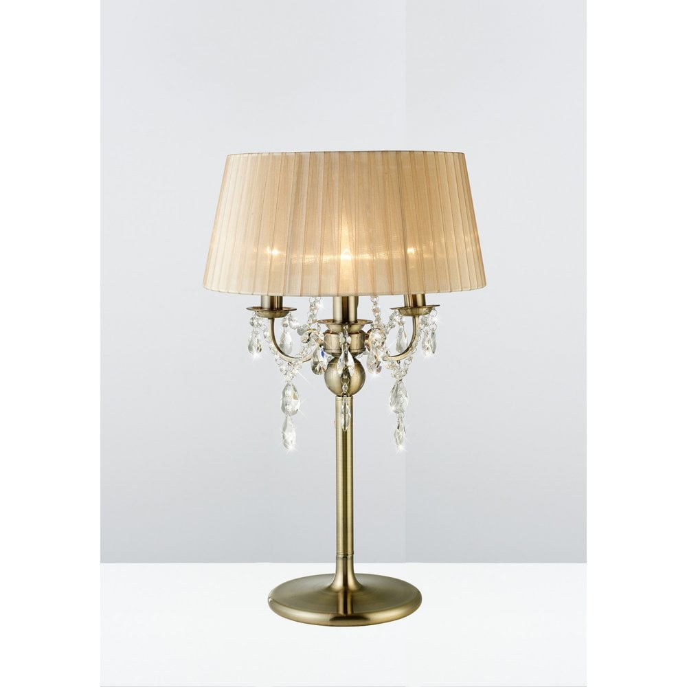 Olivia Antique Brass Crystal Table Lamp with Soft Bronze Shade, 3-Light Design