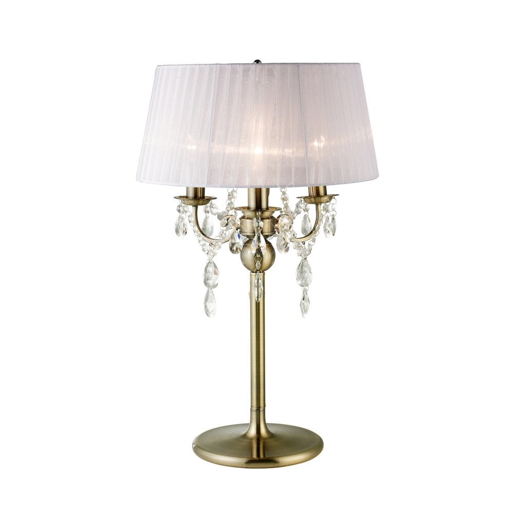 Olivia Antique Brass Table Lamp with Clear Crystal Accents and White Shade