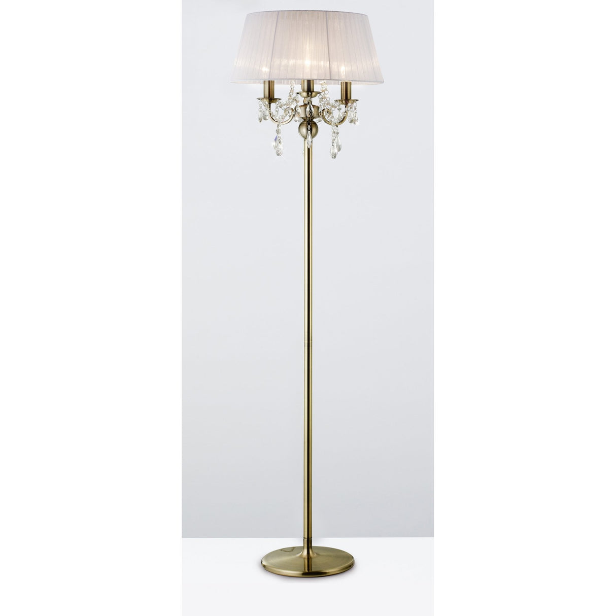 Olivia Antique Brass & Crystal Floor Lamp with White Shade - 3 Light Feature by Cassia Twigue