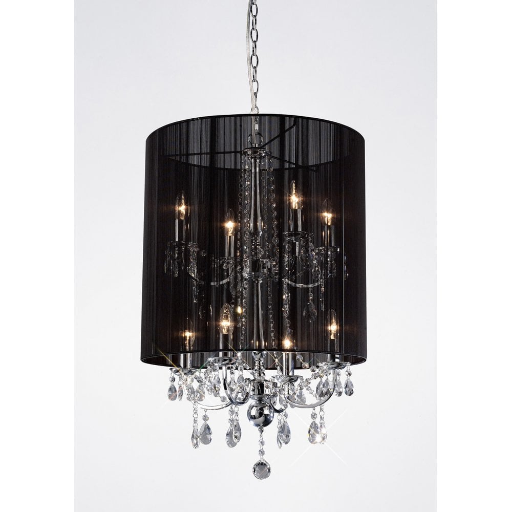 Ella Pendant: 8-Light Polished Chrome & Crystal Chandelier with Black Silk Shade