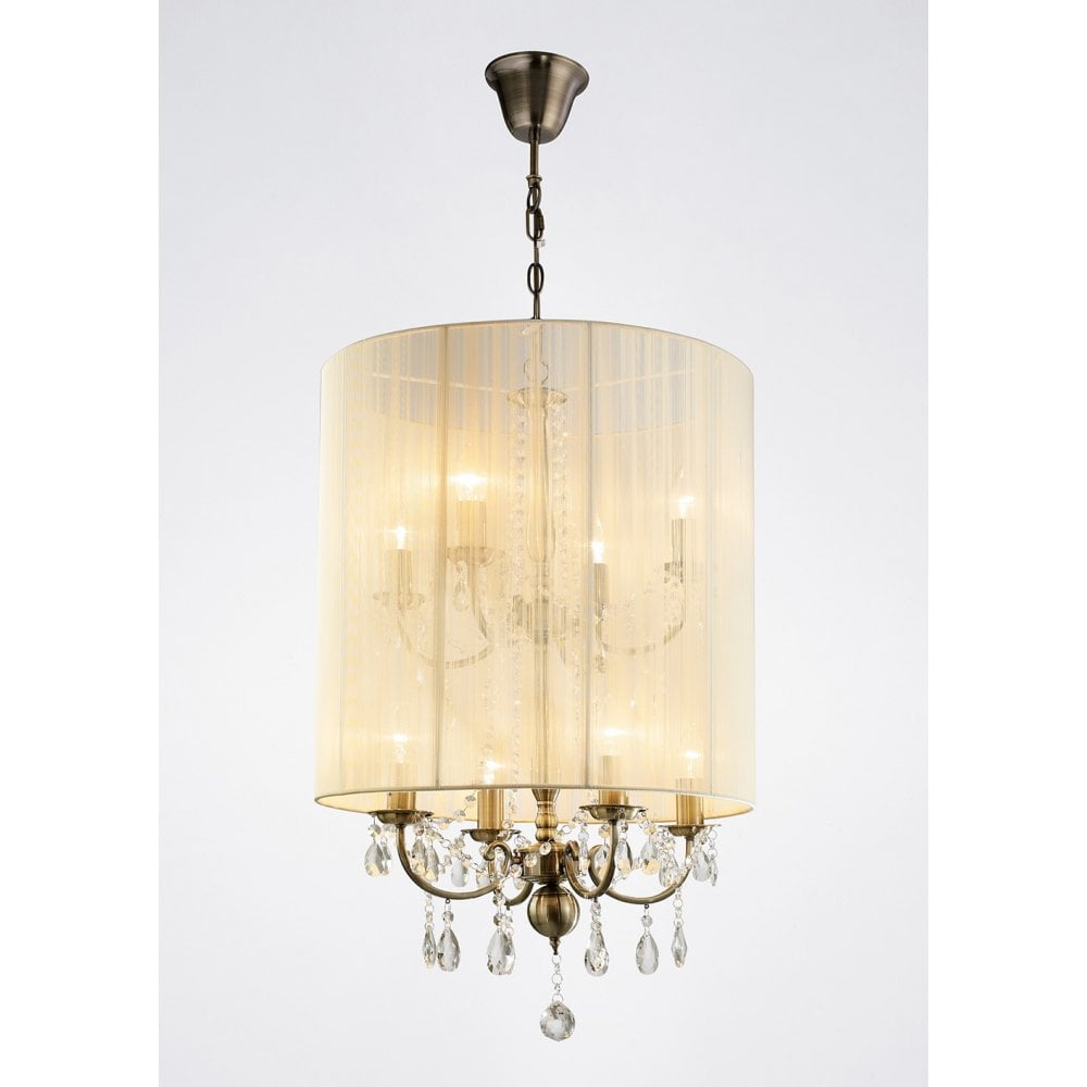 Ella Luxe Pendant with Ivory Silk Shade and Antique Brass Crystal Display