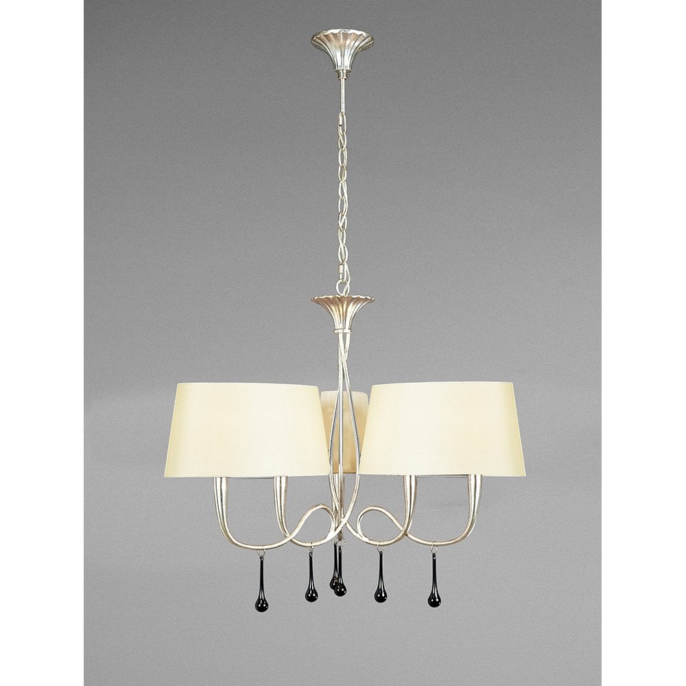 Paola Pendant 3 Arm 6 Light Chandelier, Silver Finish with Cream Shades & Removable Black Glass Accents