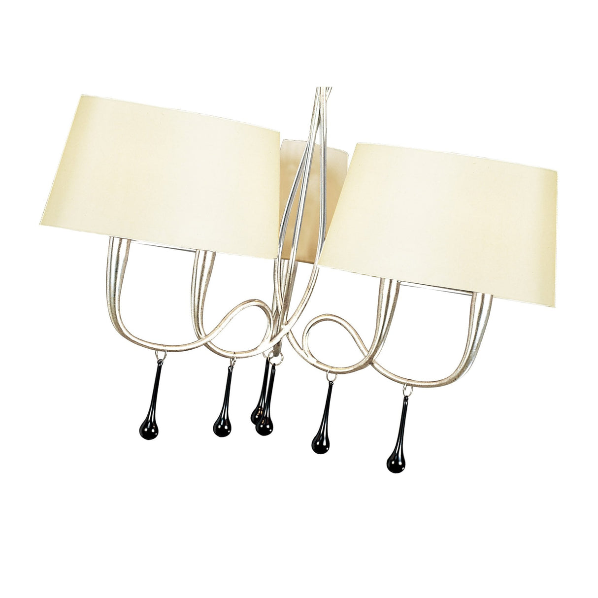 Paola Pendant 3 Arm 6 Light Chandelier, Silver Finish with Cream Shades & Removable Black Glass Accents