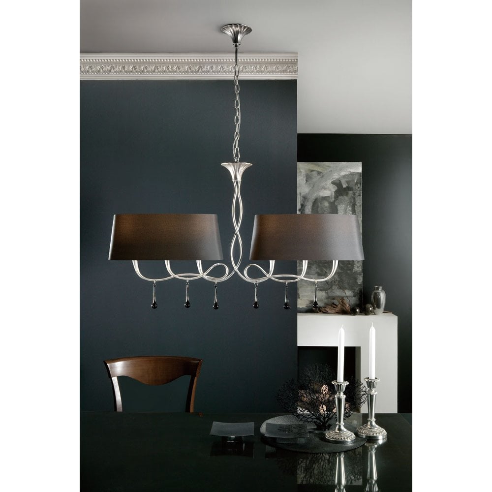Paola Dual Arm 6-Light Pendant in Silver with Black Shades and Removable Glass Droplets