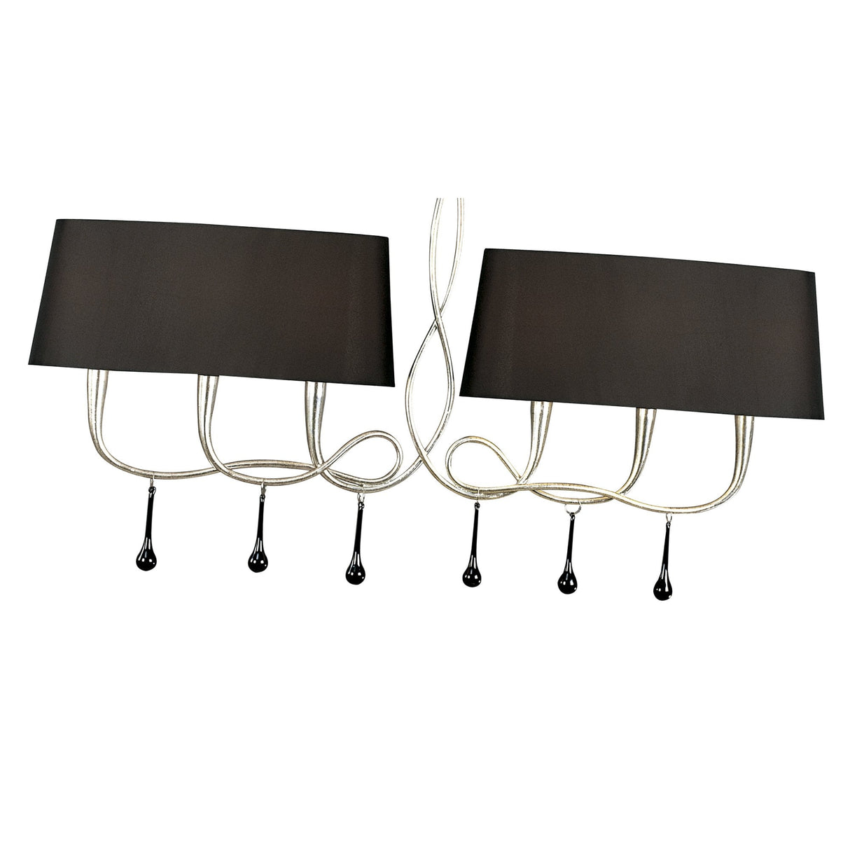 Paola Dual Arm 6-Light Pendant in Silver with Black Shades and Removable Glass Droplets