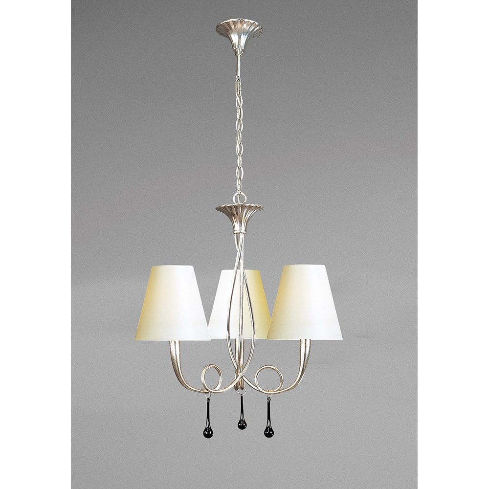 Paola Triple Light Pendant, Silver Finish with Cream Shades and Black Glass Accents