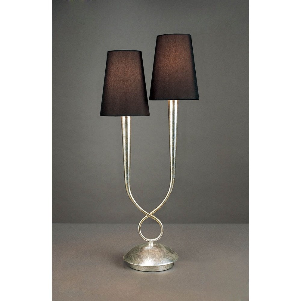 Elegant Paola Twin Light Table Lamp with Silver Finish and Black Shades