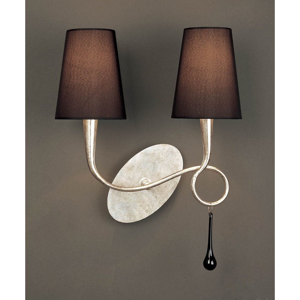 Paola Modern Classic 2-Light Wall Lamp in Silver with Black Shades and Glass Accents
