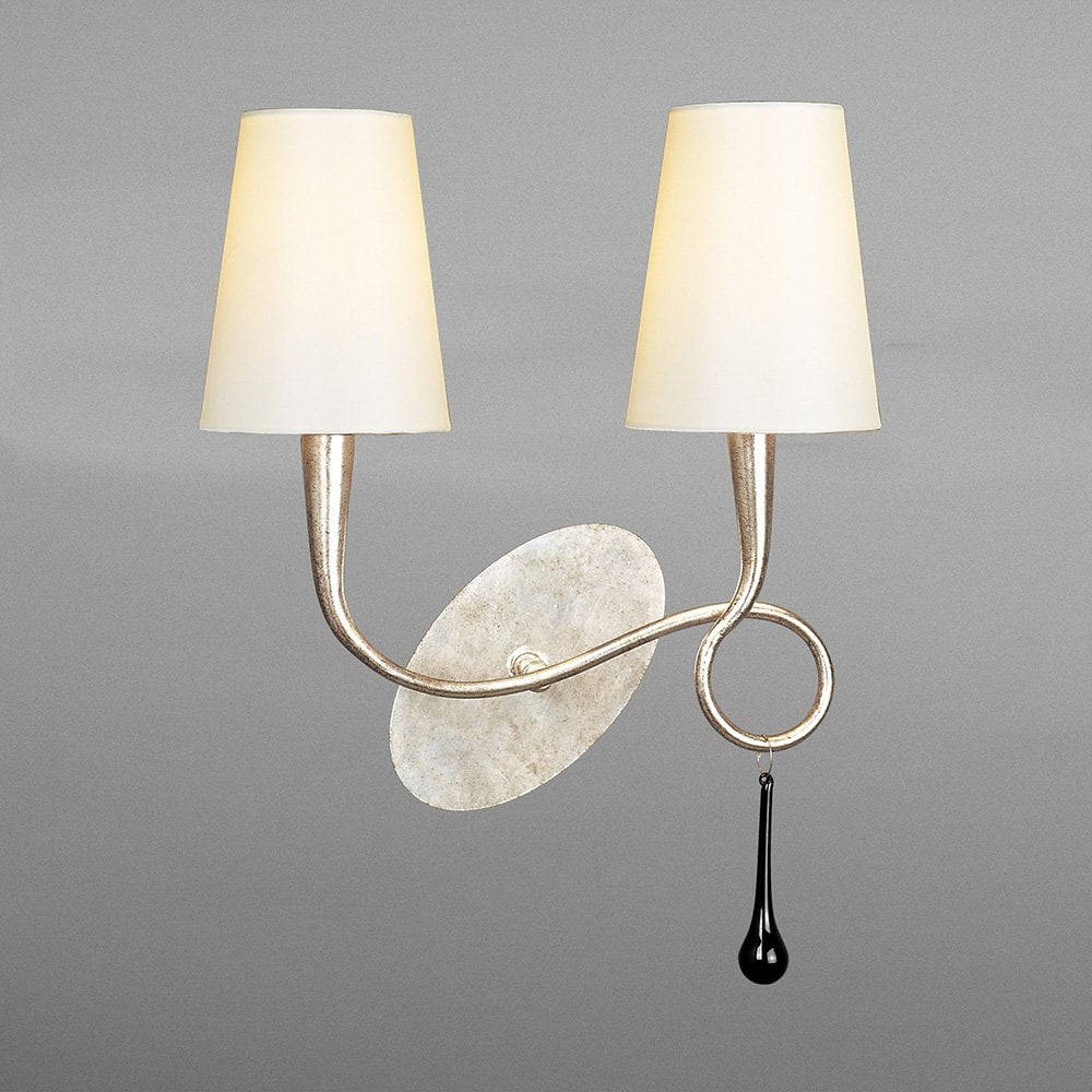 Paola Dual Light Switched Wall Sconce, Silver Finish with Cream Shades and Black Glass Accents