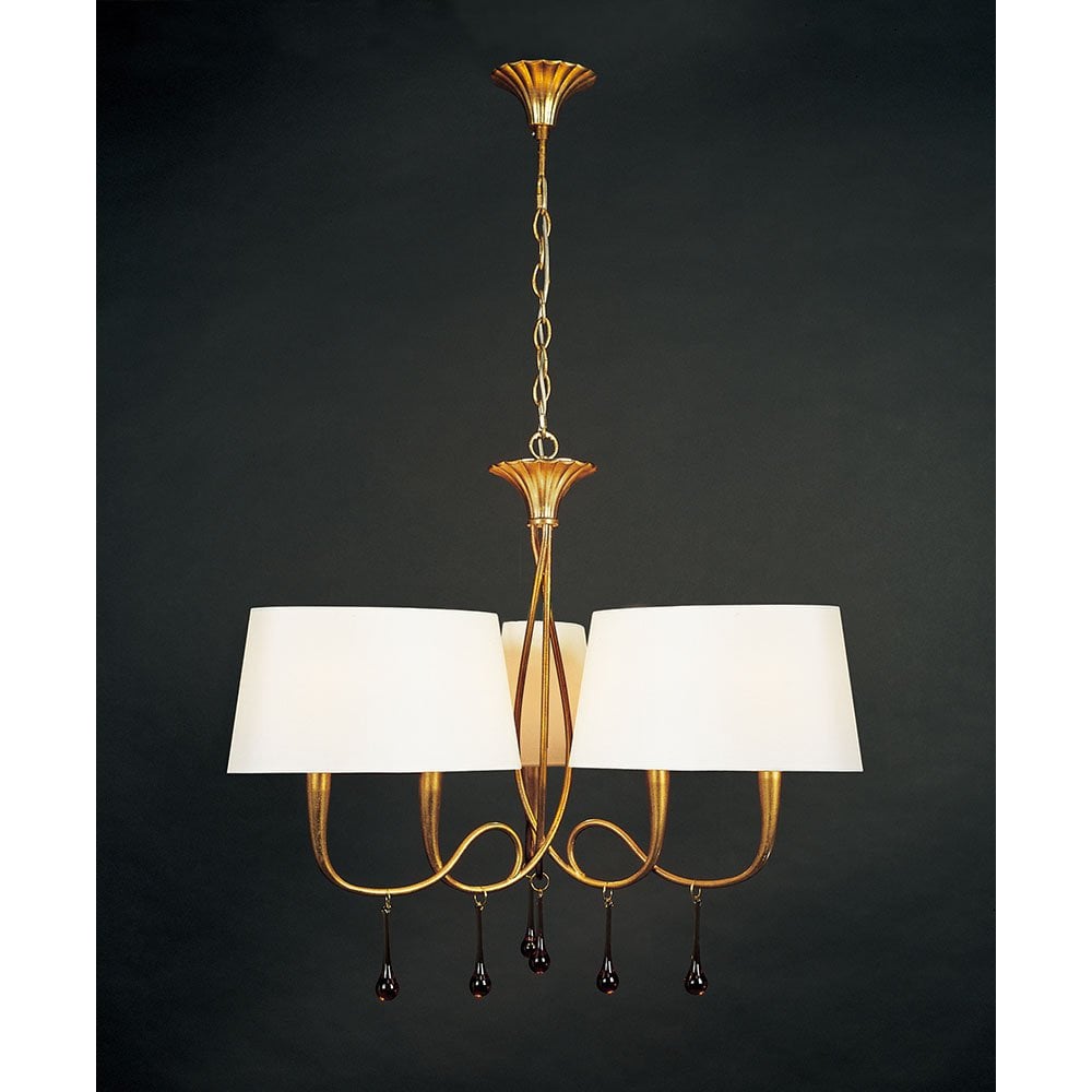 Paola Gold Pendant Chandelier with Cream Shades & Amber Accents